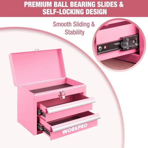 Miniatura 4 de WORKPRO Mini caja de herramientas portátil, caja de herramientas de metal con 2 cajones con deslizadores de rodamientos de bolas, almacenamiento Rosa