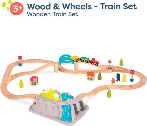 Miniatura 3 de B. toys – Juego de Tren de Madera y Ruedas – 47 Piezas – Vías y Accesorios – Cubo de Almacenamiento con Tapa de Montaña – Juguetes Clásicos