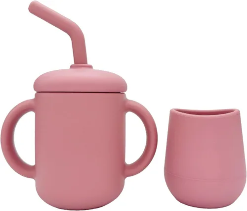 Miniatura 8 de Vasos de entrenamiento de silicona – Taza de entrenamiento para beber y taza de destete abierta para bebés de 6 a 12 meses en adelante, juego de Rosa