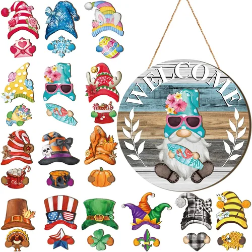 Miniatura 12 de Qunclay 31 piezas 3D de grano natural intercambiable de madera gnomo para puerta, decoraciones navideñas de gnomo con piezas magnéticas y sombreros