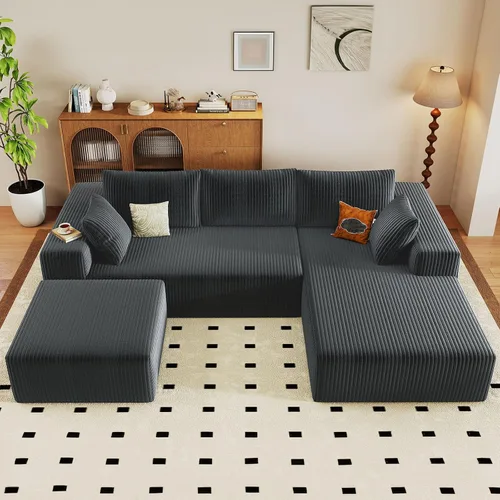 Miniatura 30 de Sofá modular Cloud de 95 pulgadas con otomana, moderno sofá nube en forma de U con asiento profundo, cómodo sofá de pana de 3 plazas, sofá de espuma