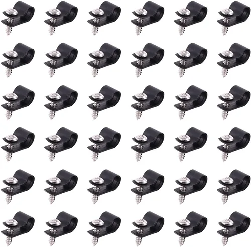 Swpeet Paquete de 60 clips de cable tipo R de nailon negro de 5/16 pulgadas, clips de sujeción de cable de montaje de tornillo de nailon con 60