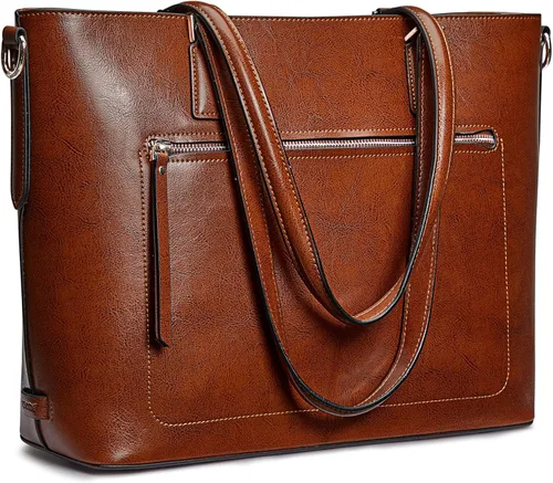 S-ZONE Bolso de mano de cuero genuino para mujer, maletín vintage, bolso de trabajo, bolso grande de 15.6 pulgadas, L