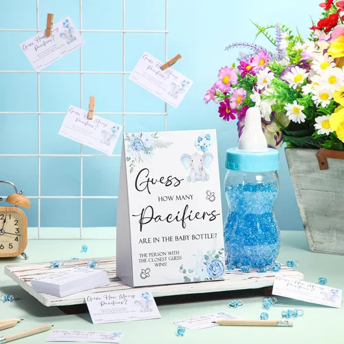 Miniatura 4 de Roowest 512 piezas de juegos de baby shower Adivina cuántos chupetes firman 100 pequeños juegos de adivinanzas, 10 lápices HB, botella de leche