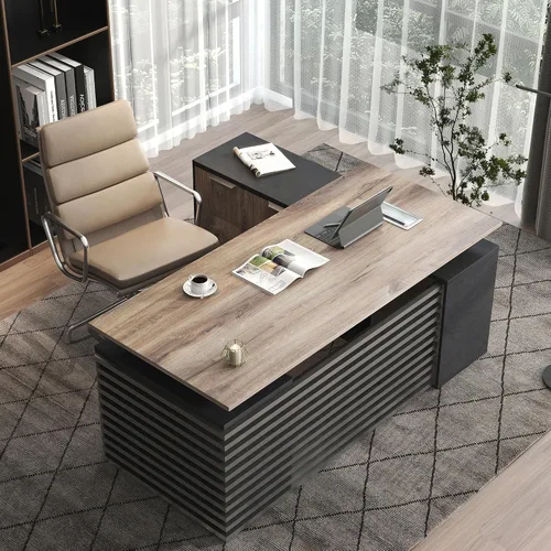 Miniatura 8 de SAINTCY Escritorio ejecutivo de pie en forma de L de 70.87 pulgadas con cajones, escritorio grande y moderno de altura ajustable para oficina