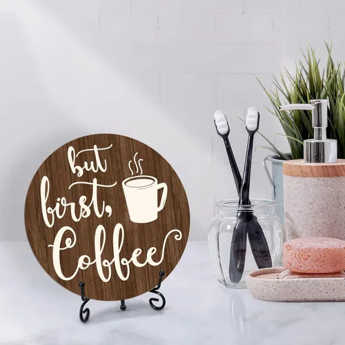 Miniatura 4 de Letrero de barra de café, decoración de café para cafetería, placa redonda de madera de granja con soporte, letreros de café con temática de «But