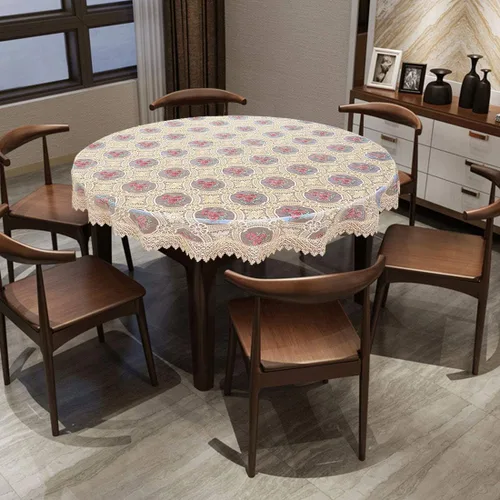 Miniatura 5 de Mantel vintage personalizado beige bordado de lino con patrón de encaje floral, gasa translúcida, redondo, 54 pulgadas de largo