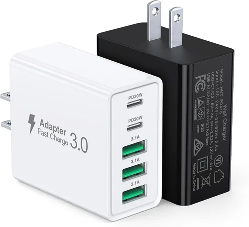 Miniatura 8 de [Paquete de 2] Cargador de pared USB C, bloque de cargador USB C de 50 W, bloques de carga rápida PD de 5 puertos, 2USB C + 3USB A enchufe