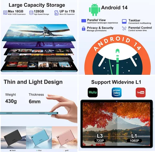 Miniatura 3 de DMOAO Tableta, tabletas de 10.1 pulgadas, tableta Android 14 con 18 GB de RAM+128 GB de ROM/1TB Expand, CPU Octa-Core 1.8GHz, batería de 6000 mAh
