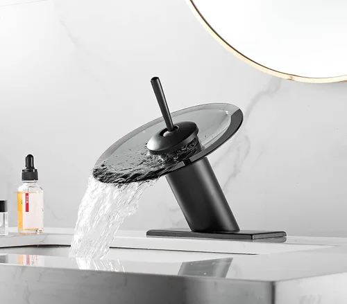Miniatura 3 de Grifo de baño con boquilla de vidrio negro, cascada de una sola manija, un agujero, grifo para lavabo de lavabo, mezclador con placa de cubierta