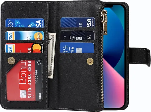 Miniatura 5 de Funda Cartera para iPhone 13/14 con Tarjetero, Funda Cruzada con Correa para el Hombro, Bolsillo con Cremallera Cartera de Cuero PU para iPhone 13