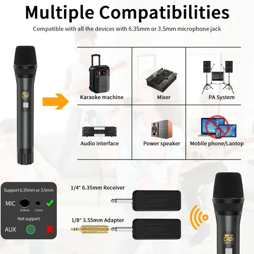 Miniatura 5 de Micrófono inalámbrico, sistema de micrófono dinámico inalámbrico de metal dual UHF de mano con receptor recargable, rango de 200 pies, para karaoke