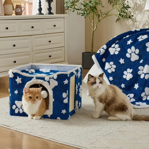 Miniatura 3 de Casas para gatos de interior, bonita cueva para gatos con bola esponjosa para colgar y almohadilla para rascar, escondite plegable para gatitos, 17