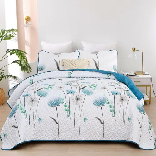 Miniatura 17 de Dinjoy Juego de colcha floral tamaño Queen, colcha azul agua tamaño Queen de 3 piezas, juego de ropa de cama ligera de estilo granja, colcha