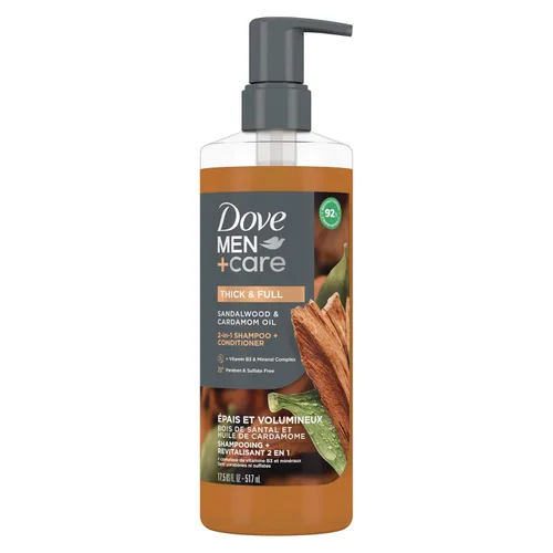 DOVE MEN + CARE Champú 2 en 1 + acondicionador aceite de sándalo y cardamomo para cabello grueso y completo, + vitamina B3 y complejo mineral, 17.5