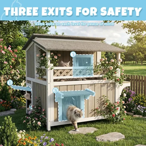Miniatura 3 de Casa de madera para gatos para exteriores e interiores, resistente a la intemperie, refugio para gatos de dos pisos, hogar cerrado para gatos