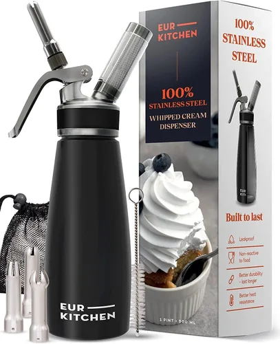 EurKitchen Dispensador profesional de crema batida de acero inoxidable, recipiente para cremas batidas sin fugas, 3 boquillas decorativas y cepillo