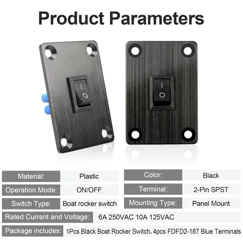 Miniatura 5 de 1 pieza Interruptor basculante negro KCD1 para barco, interruptor de panel SPST de 2 posiciones y 2 pines, 6A 250V CA 10A 125V CA, con 4 piezas