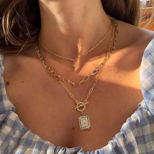 Miniatura 2 de MJartoria Collares con inicial en capas para mujer, a la moda, chapado en oro de 14 quilates, gargantilla de estrella simple, collar con dije