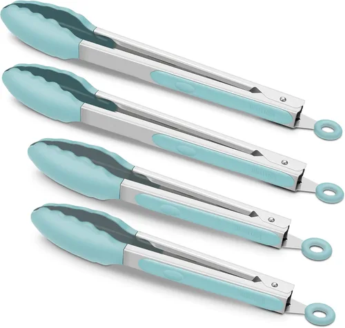 Aqua Sky - Paquete de 4 pinzas de cocina Aqua Sky, de silicona de alta calidad, sin BPA, antiadherentes, acero inoxidable, para cocinar a la