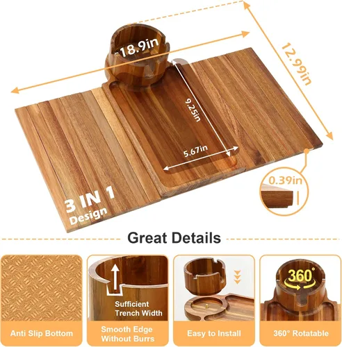 Miniatura 3 de Bandeja para portavasos de sofá, mesa de madera de acacia con soporte para teléfono, bandeja plegable grande para sofá para mesa de aperitivos