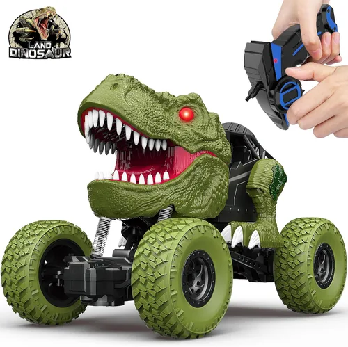 Auto de dinosaurio a control remoto para niños y niños, camión de dinosaurio de control remoto todo terreno de 2.4Ghz con luz, recargable 4WD