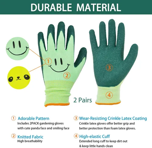 Miniatura 2 de 2 pares de guantes de jardinería para niños pequeños, guantes de jardín de tamaño infantil para trabajo en el patio, antideslizantes, flexibles