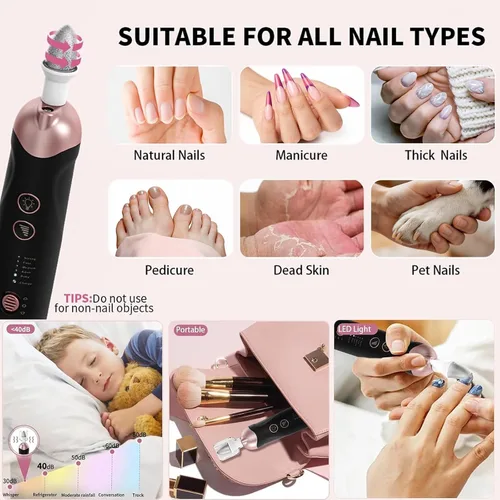 Miniatura 7 de Kit profesional de manicura y pedicura, juego de limas eléctricas inalámbricas, herramientas de pedicura recargables para pies, 5 velocidades