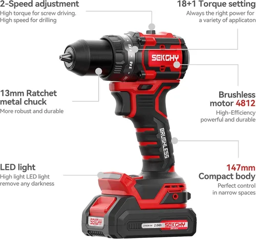 Miniatura 5 de Taladro eléctrico sin escobillas inalámbrico, con batería y cargador 70 N.m 20V Electric drill cordless set 10 batches and storage bag 13 twist