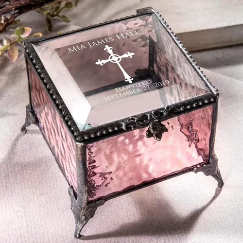 Miniatura 2 de Regalo de bautismo para niñas, caja de recuerdo personalizada, vitral, rosa, grabada, caja J Devlin 903 EB222 (rosa)