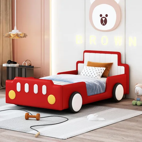 Miniatura 11 de Cama de plataforma en forma de auto de carreras de tamaño individual con ruedas y almacenamiento, base de cama de plataforma de madera maciza