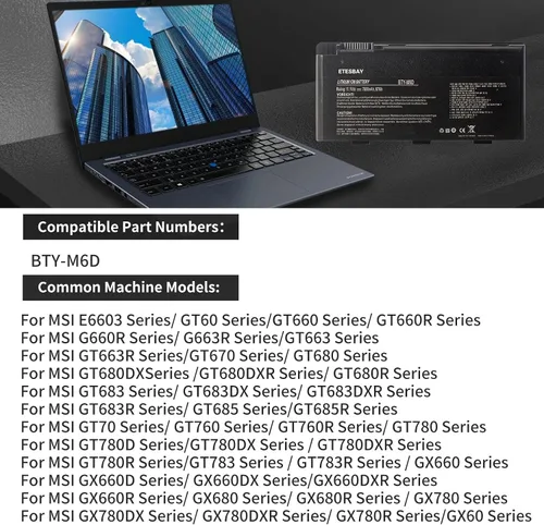 Miniatura 3 de BTY-M6D - Batería de repuesto para portátil MSI GT60 GT70 GX780R GX680 GX780 GT780R GT660R GT663R GX660 GT680R GT783R 11.1V 7800mAh Nuevo 9 celdas
