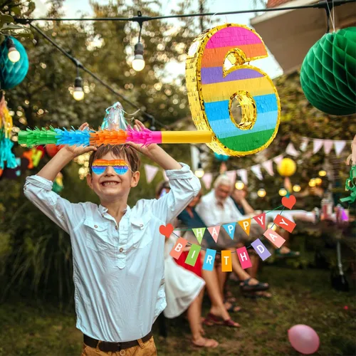 Miniatura 7 de Piñata arcoíris número 6 para decoraciones de fiesta de 6º cumpleaños, fiesta, celebración de niños, piñata de cumpleaños con palo, venda y confeti