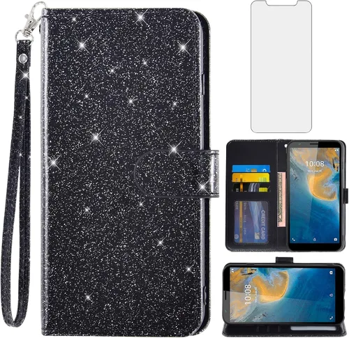 Asuwish Funda para teléfono ZTE Blade A31/Avid 589 Z5158 con protector de pantalla de vidrio templado y cubierta tipo cartera con purpurina, soporte