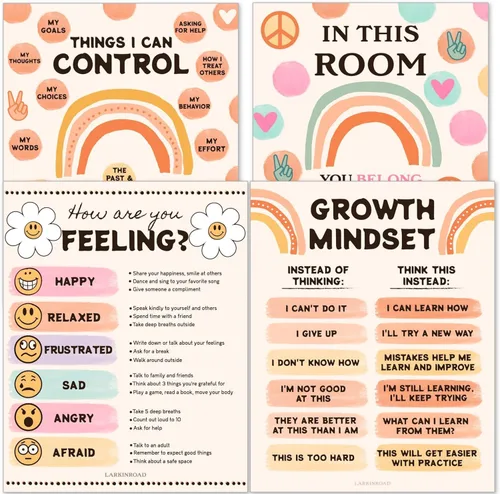 Miniatura 2 de LARKINROAD Pósteres de mentalidad de crecimiento, decoración de aula Groovy 4 de salud mental retro para el aula (11 x 14 sin marco) carteles