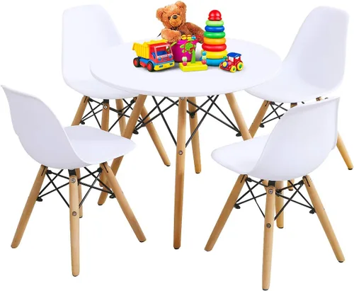 Costzon Juego de mesa y silla para niños, 5 piezas de escritorio para niños de estilo moderno de mediados de siglo con patas de madera, marco de