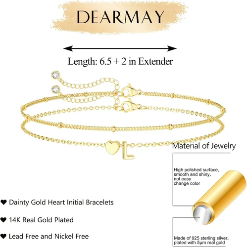 Miniatura 3 de DEARMAY Delicadas pulseras de oro con inicial de corazón para mujer, a la moda, de oro real de 14 quilates, pulsera con dije de letra, joyería linda