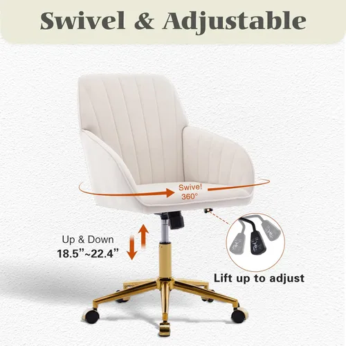 Miniatura 8 de Silla de tocador de terciopelo con ruedas, silla giratoria de maquillaje de altura ajustable, silla de escritorio pequeña sin brazos para Blanco-2