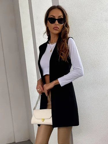 Miniatura 3 de SheIn Chaleco largo sin mangas con frente abierto para mujer chaqueta sólida con cuello de solapa