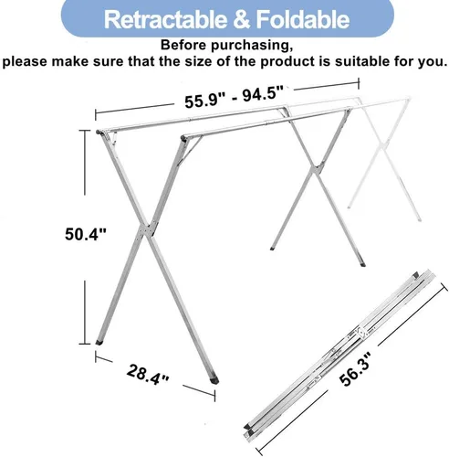 Miniatura 2 de Escurridor de ropa de acero inoxidable de alta calidad de 94.5 pulgadas, plegable y ajustable, para interiores y exteriores
