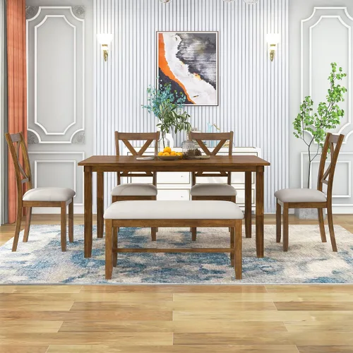 Miniatura 3 de Harper & Bright Designs Juego de mesa de comedor de 6 piezas, juego de mesa de comedor con mesa de comedor rectangular de madera, 4 sillas