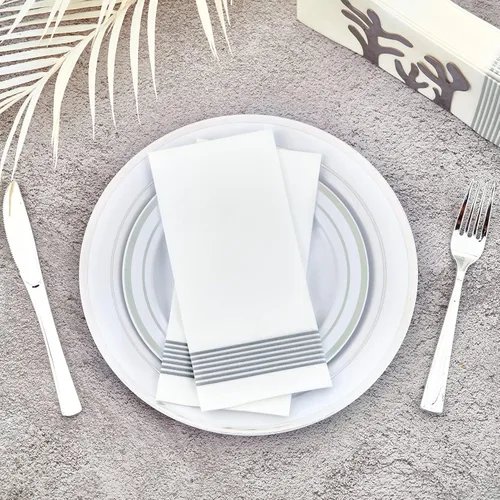 Miniatura 4 de LITOPAK Paquete de 100 toallas de invitados desechables, suaves y absorbentes, toallas de papel para invitados, para baños, fiestas, bodas o Plateado
