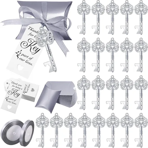 CHENGU 100 juegos de abrebotellas con llave vintage, recuerdos de boda, regalo de recuerdo para invitados con tarjeta de agradecimiento, almohada,