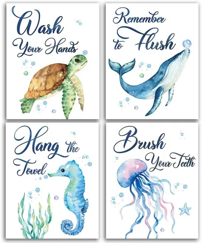 CHIEN-CHI LILI Juego de 4 impresiones artísticas de acuarela para baño de Sea Marine Life (8 x 10 pulgadas), diseño de tortugas marinas, caballito