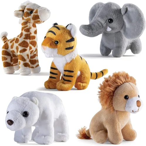 PREXTEX Safari Friends - Juego de regalo de animales de peluche, 5 animales de zoológico pequeños (jirafa, tigre, león, oso polar, elefante),
