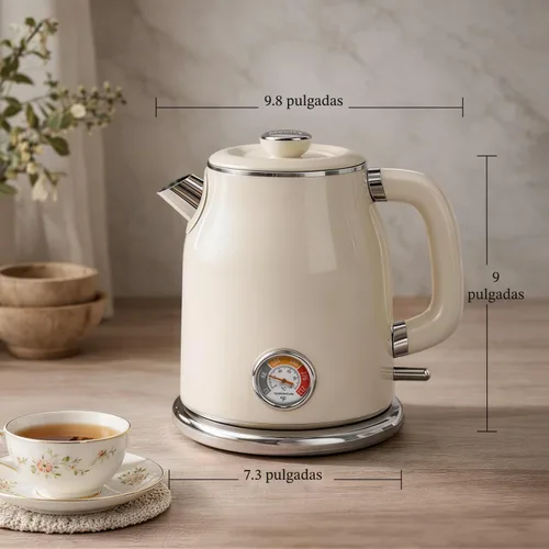 Miniatura 8 de Mecity Hervidor eléctrico retro 1.7L, interior de acero inoxidable, contacto de agua de silicona de grado alimenticio, doble pared fría al tacto