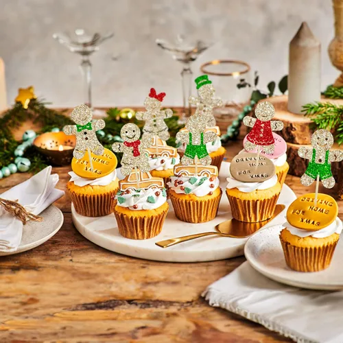 Miniatura 6 de Gyufise 24 piezas Adornos para cupcakes de jengibre de Navidad con purpurina, adornos para cupcakes de jengibre para revelar el género, púas