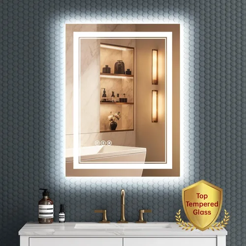 Miniatura 19 de Espejo de baño LED sin marco de 24 x 32 pulgadas, frontal y retroiluminado, vidrio templado inastillable, antivaho, 3 colores, regulable, memoria