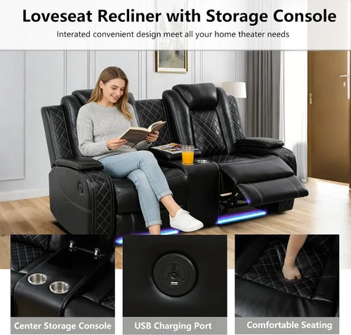 Miniatura 3 de Juego de sofá reclinable eléctrico con LED, juego de sofá de cuero transpirable para sala de estar, juego de sofá reclinable con puerto USB, Negro