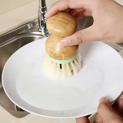 Miniatura 4 de 4 cepillos de bambú para fregar platos con soportes, de madera, de bambú, redondos, cerdas rígidas, cepillos para lavar platos, ollas, sartenes